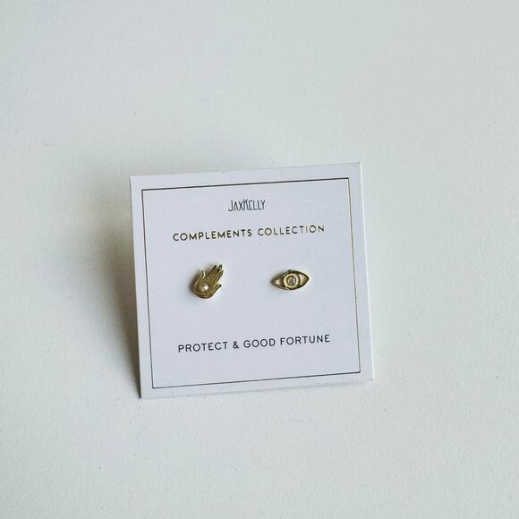 NEW ANTHROPOLOGIE JaxKelly 18kt Hamsa Hand Evil Eye Stud Earring Set Jewelry - Picture 3 of 8